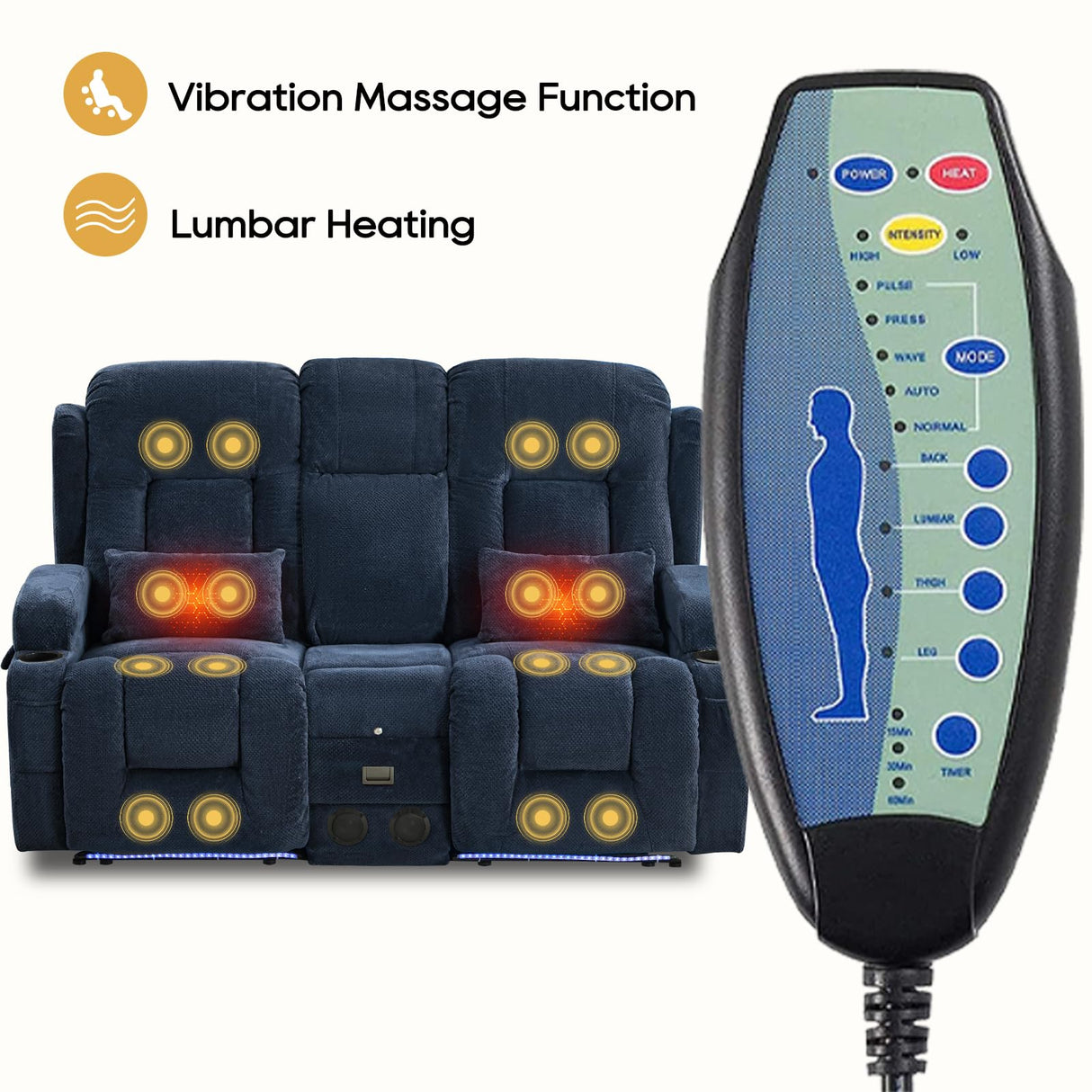 IPKIG Power Loveseat Recliner Sofa with Flip-Up Backrest Console, Drawer, AC Outlet, LED Light, Bluetooth Speakers, Wall Hugger Recliners for Living Room, RV, Home Theater (Navy Blue, Loveseat) IPKIG