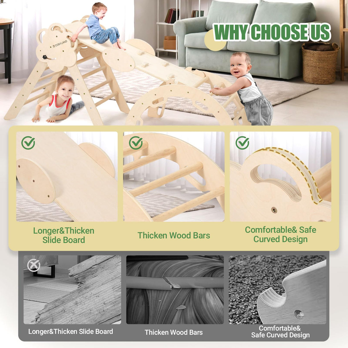 COSYLAND Pikler Triangle Set 8 in 1, Foldable Pickler Climbing Set Wooden Montessori Climbing Gym Set, Large Indoor Climbing Toys for Toddlers 1-6 Inside, Patented Baby Climbing Gym CPC Certified, Nat COSYLAND