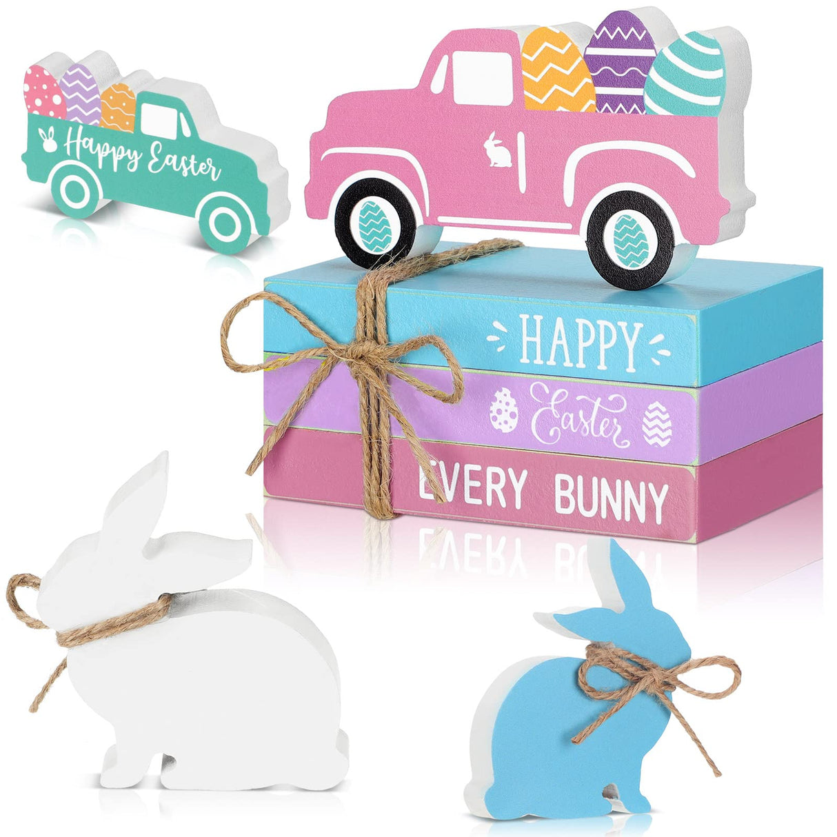 5 Pieces Easter Tiered Tray Decor Easter Farmhouse Wood Decor 3 Faux Books Bundle with Twine Easter Truck Sign and Wood Rabbit Sign Bunny Egg Spring Wooden Sign Tiered Tray for Easter Decor (Bunny) Blulu