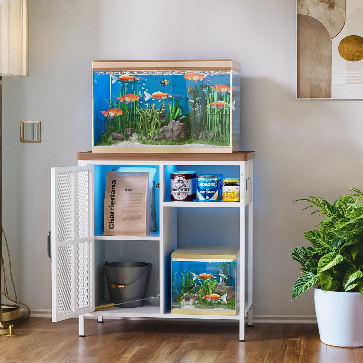 HAIOOU 20-29 Gallon Aquarium Stand with LED Light & Power Outlets, Cross Design Metal Frame Fish Tank Stand Aquarium Table with Cabinet Storage for Turtle Tank Reptile Terrarium, 360LBS Loads - White HAIOOU