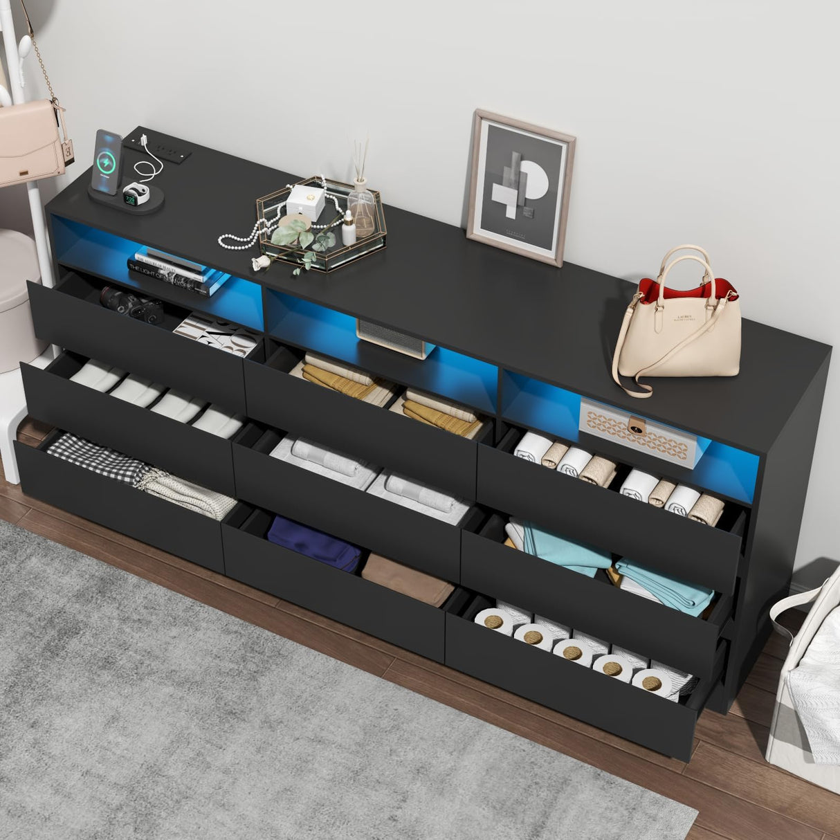 Loomie 9 Drawer Dresser with Power Outlet, Modern Chest of Drawers with LED Light, Long Wide Drawer Dresser Organizer Cabinet, Black Dresser for Bedroom, Living Room, Entryway Loomie