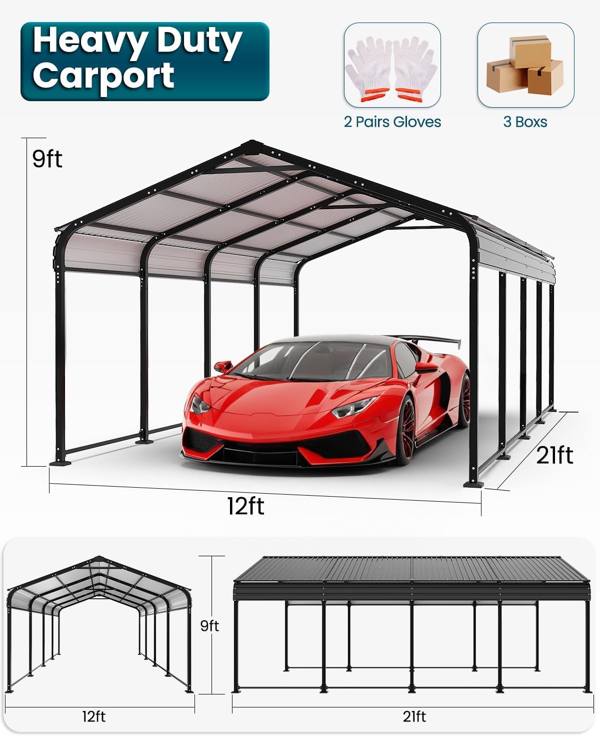 Metal Carport 12x21 Heavy Duty Easy Snow Off & Self Draining Design, 70KG/㎡ Load Ideal for Snow/Rain/Wind Conditions, Enhanced Base & Double Rust Proof Coating & Galvanized for Boats and Car, Truck Hoteel