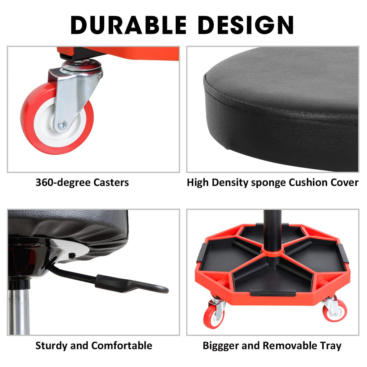 Torin ATRXF8308B Pneumatic Mechanic Stool/Rolling Shop Creeper Seat with Adjustable Height and 4 Removable Tool Trays, 300 lb Capacity, Black/Red Torin