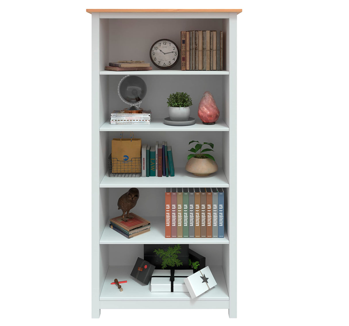 From The Tree Tall Solid Pine Wood Bookcase Shelf with White and Pine Finish WoodArtSupply