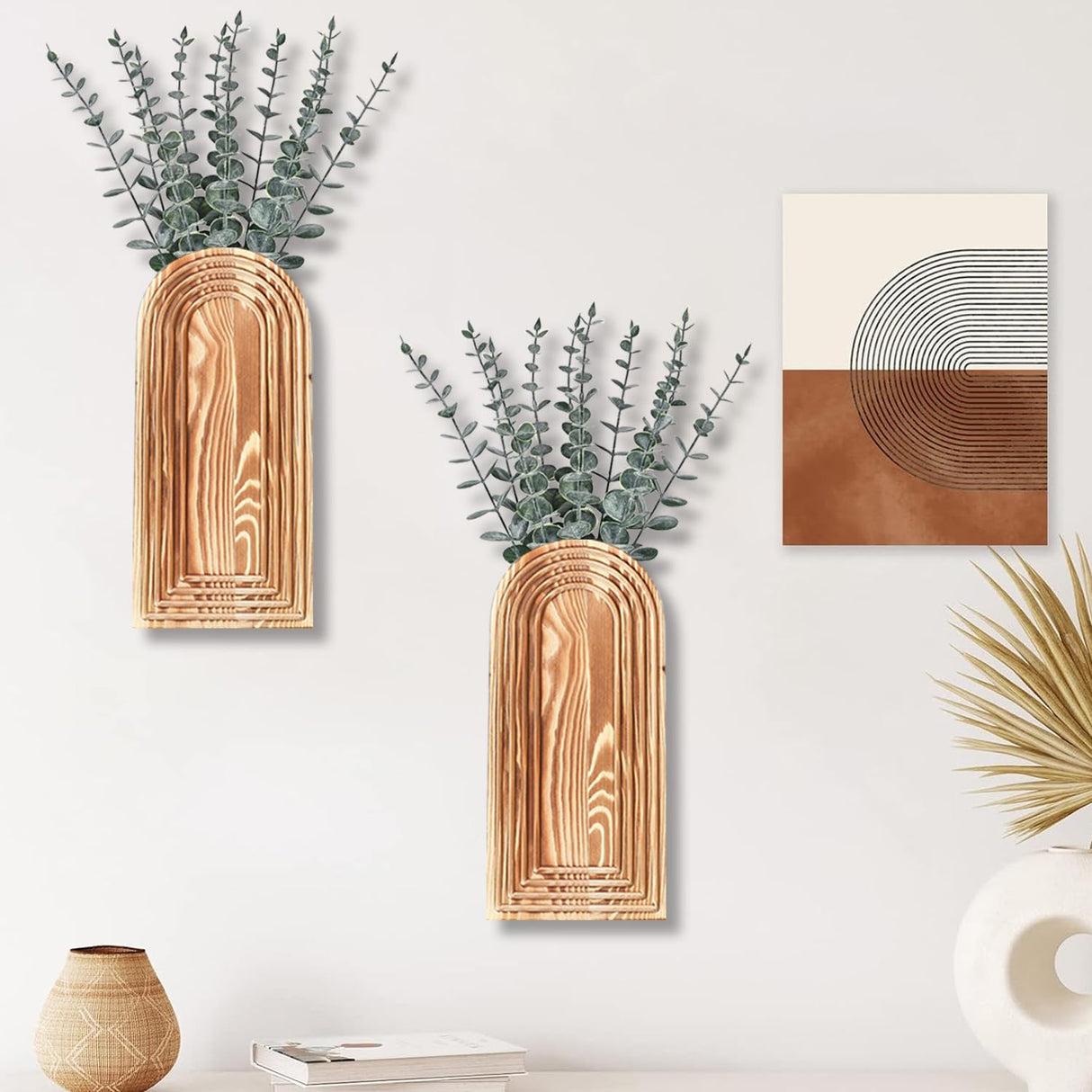 Dnnnii 2 Pack Wooden Wall Vase Set - Brown Finish Modern Farmhouse & Boho Wall Decor for Entryway, Hallway, Bathroom, Living Room, Dining Room, Narrow Spaces Dnnnii