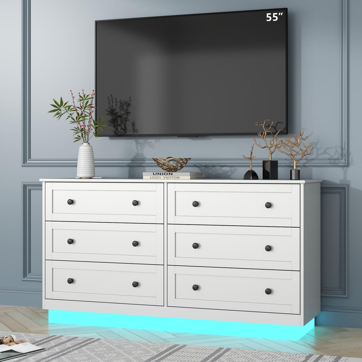 Loomie 6 Drawer Dresser with Power Outlet, Modern Chest of Drawers with Led Light, Double Wide Drawer Organizer Cabinet, Dresser for Bedroom, Living Room, Entryway (White) Loomie