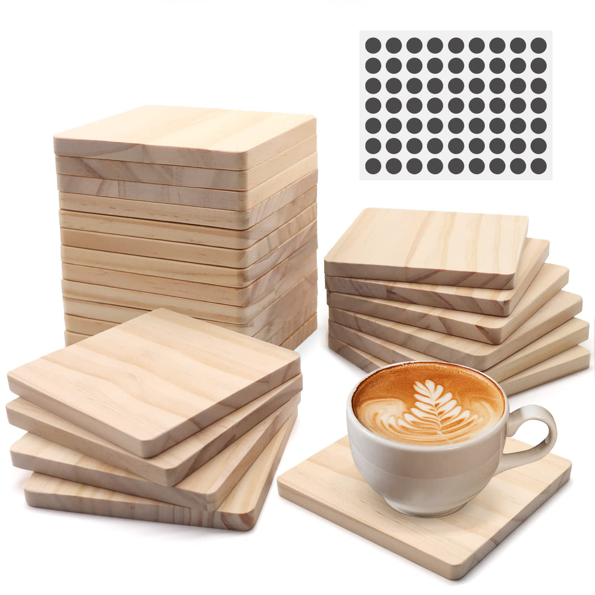24 PCS Unfinished Square Wood Coasters, SIJDIEE 4 Inch Blank Wooden Craft Coasters with Non-Slip Foam Pad Stickers for DIY Stained Painting Wood Engraving Home Decoration Supplies SIJDIEE