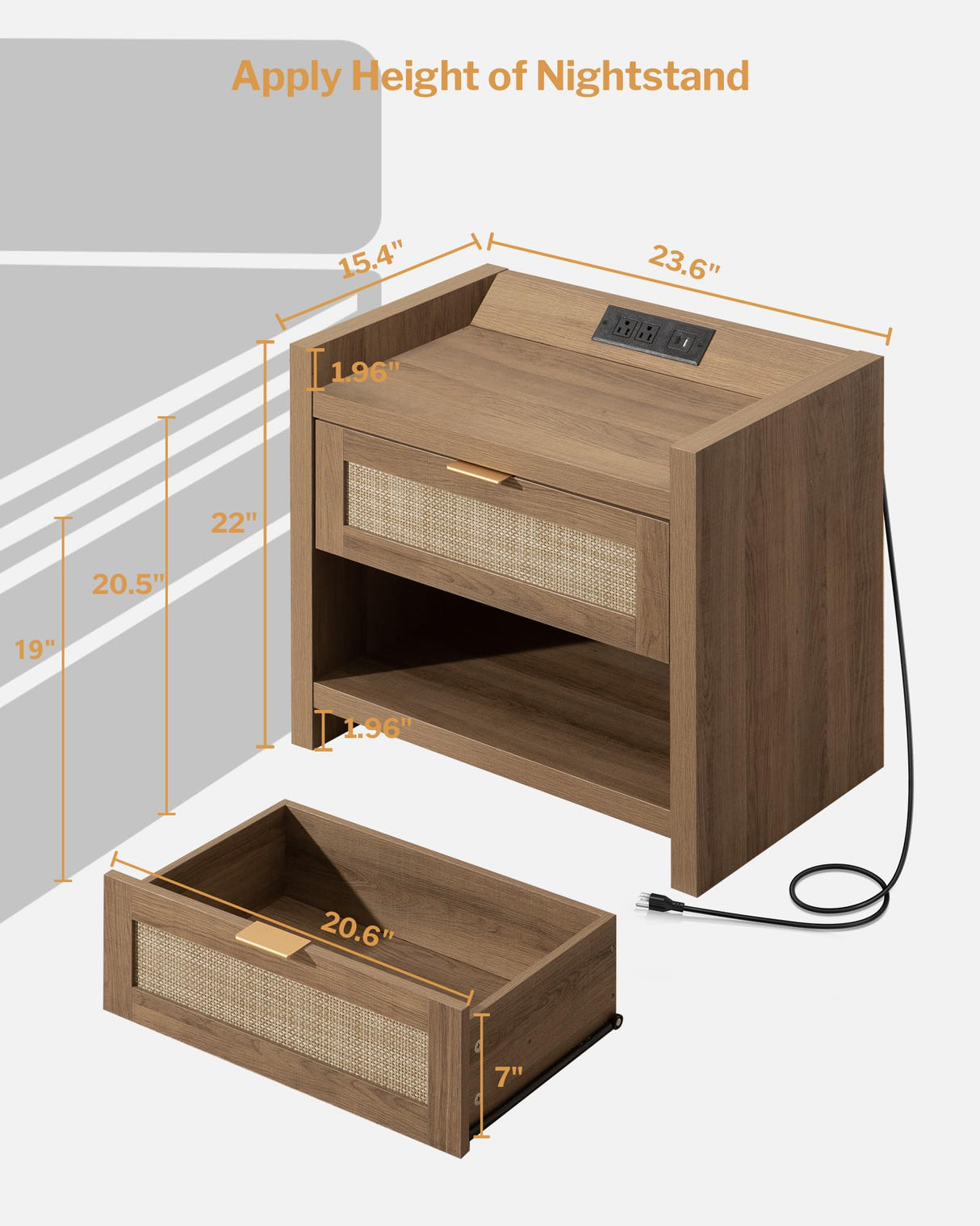 SICOTAS Night Stand Set of 2 Nightstands - Rattan Bed Side Table with Type-C Charging Station, Drawer Storage End Table - Boho Bedside Stand Night Stands for Bedroom - Natural Oak SICOTAS