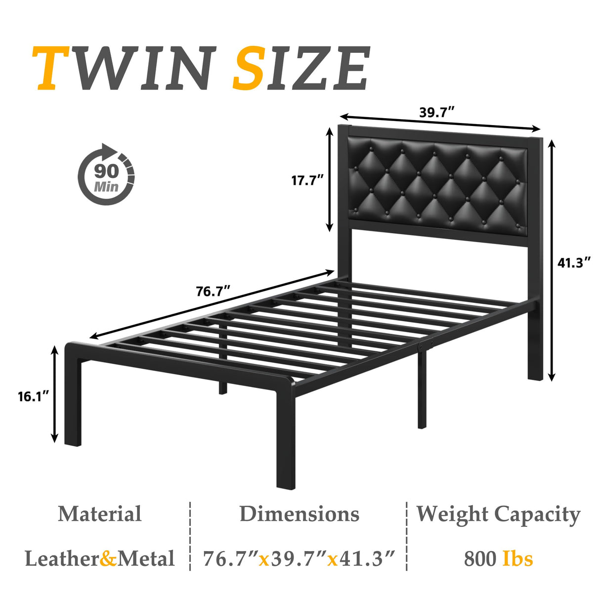 HISOFT Twin Bed Frame with Upholstered Button Tufted Headboard, Bed Frame Platform Metal Slats Support, Under Bed Storage, No Box Spring Needed, Noise-Free, Easy Assembly, Black HISOFT