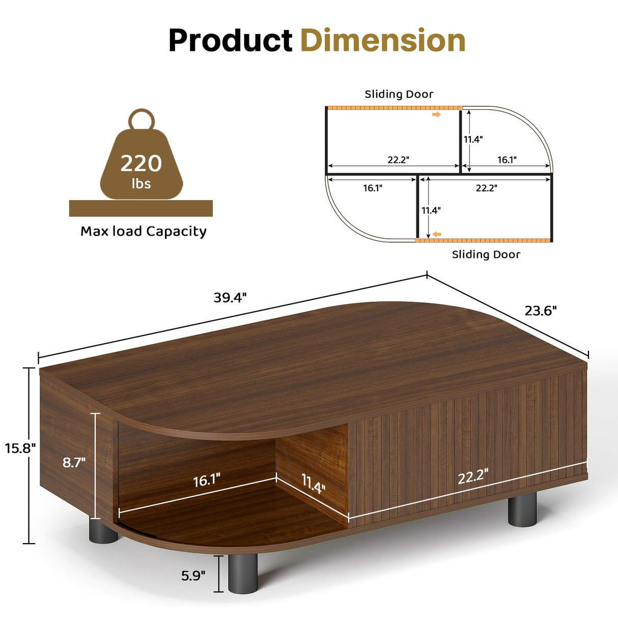 sunmiler Mid-Century Modern 39.4" Coffee Table - Leaf-Shaped Wood Center Table with Storage, Retro Fluted Central Table with Sliding Door & Large Hidden Compartment, for Living Room, Office, Walnut sunmiler
