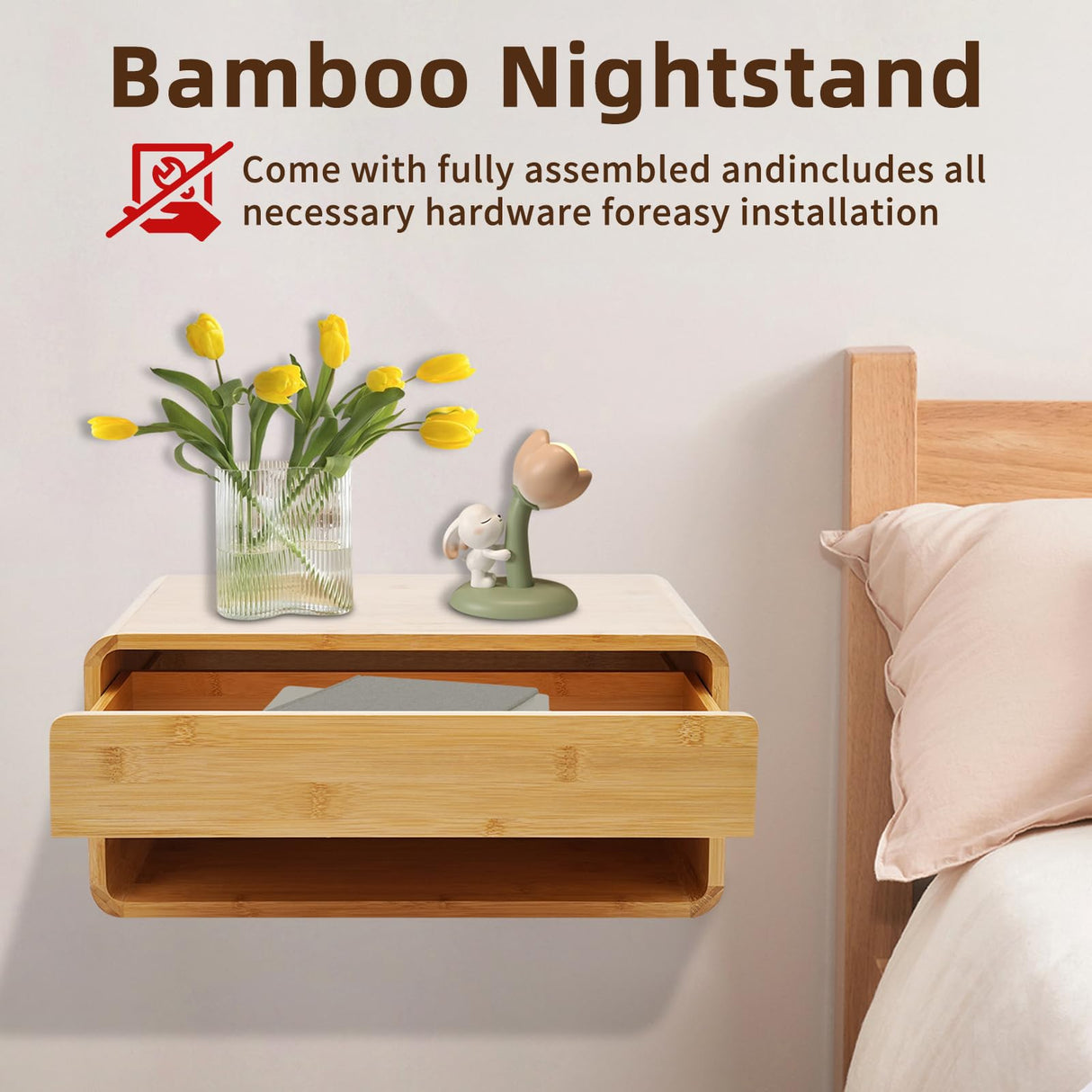 Peakora Bamboo Floating Nightstand with Storage Drawer Wall Mounted Bedside Table End Tables with Open Shelf Small Spaces Wall Mounted Shelf Storage Modern End Table for Bedroom, Natural Peakora