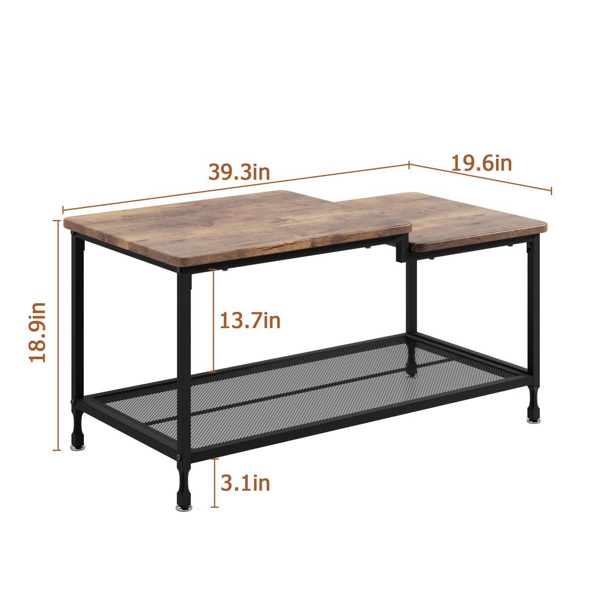 IDEALHOUSE Coffee Table Industrial Living Room Table 2-Tier Rustic Center Table with Mesh Shelf Rectangle Storage Cocktail Table Metal Frame, Easy to Assemble, Rustic Brown IDEALHOUSE