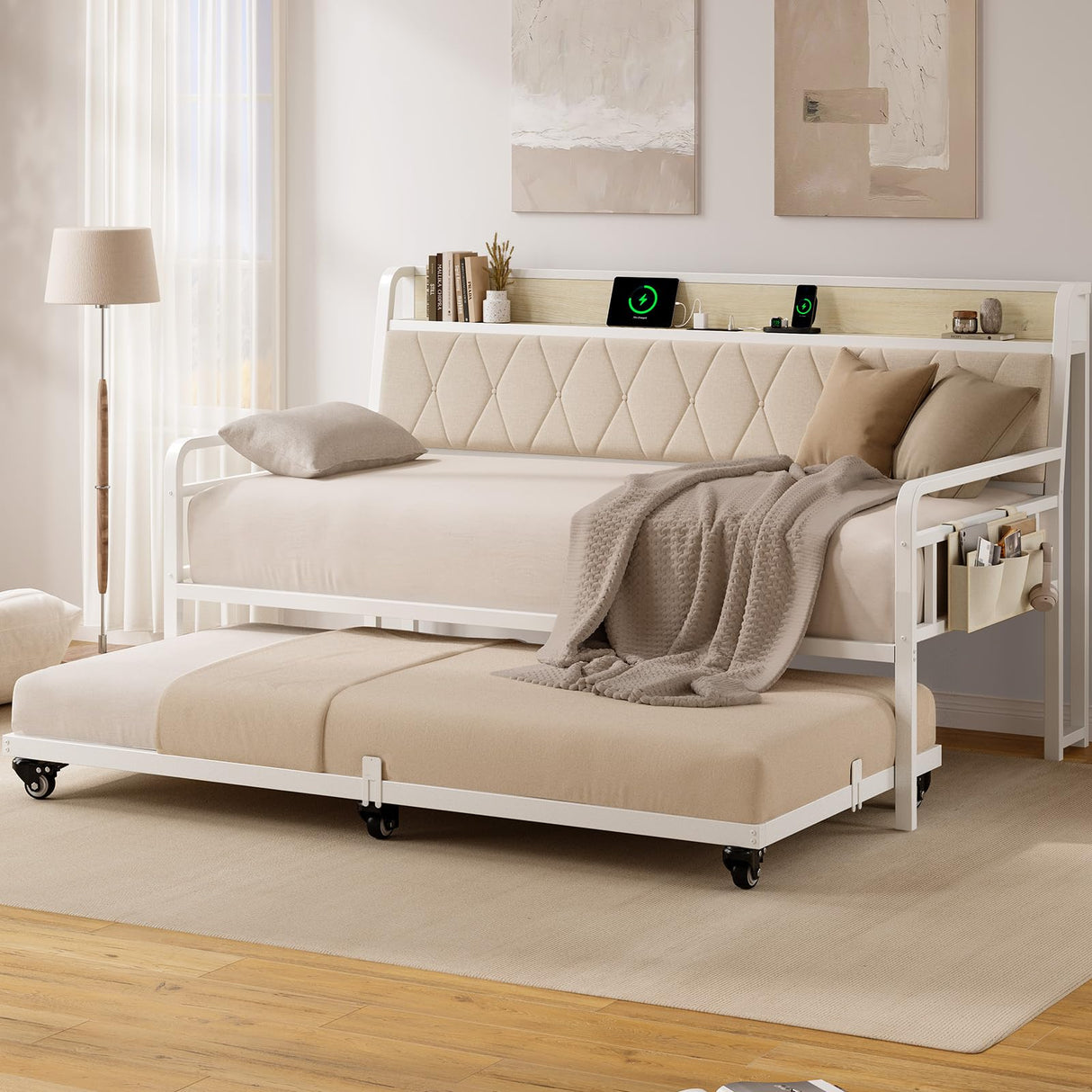 ONBRILL Twin Daybed with Trundle, Metal Day Bed Frame with Ergonomic Upholstered Headboard & Charging Station, Sofa Bed with Twin Trundle for Living Room, Bedroom, playroom, and Guest Room, White ONBRILL