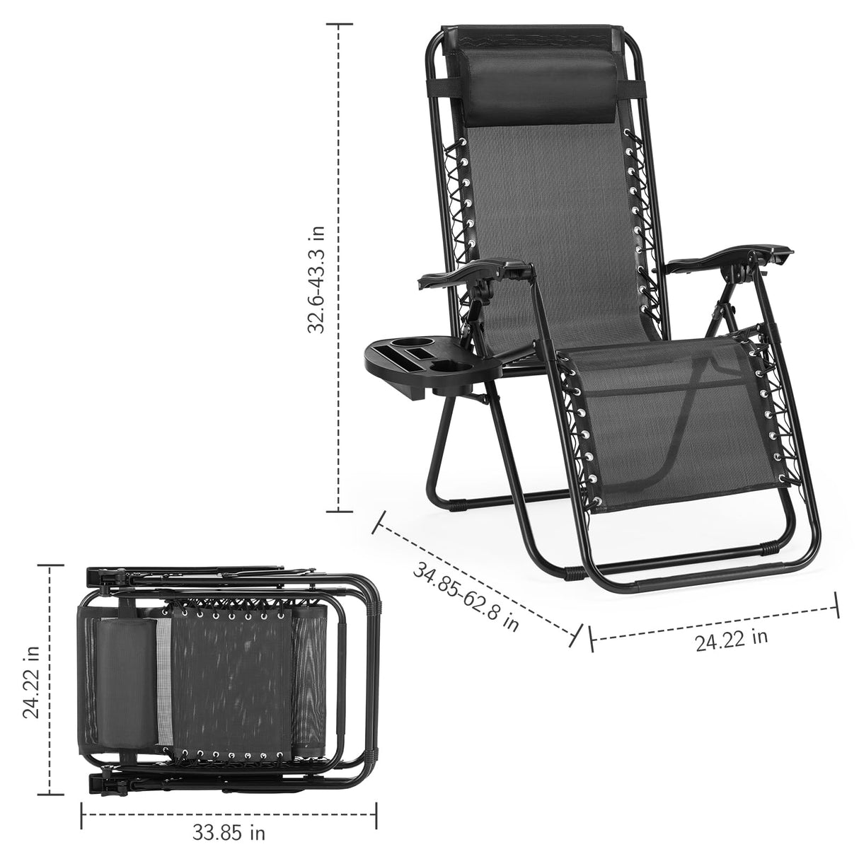 Sweetcrispy Zero Gravity Chairs, Set of 2 Portable Recliner Beach Camping Patio Outdoor Folding Lounge Chair with Cup Holder Trays and Adjustable Pillow for Poolside, Garden, Backyard, Lawn (Black) Sweetcrispy
