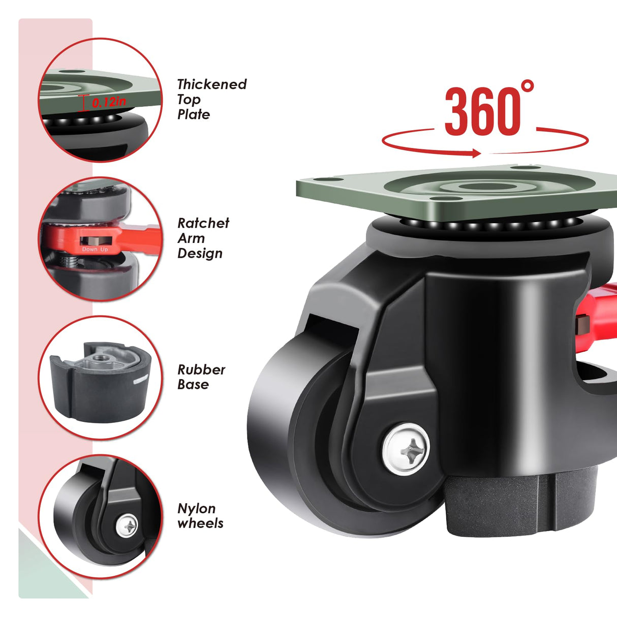 FIZAR 4 Pack Heavy Duty Leveling Casters for Workbench 2200 LBS Capacity, Upgraded Handle Design Retractable Caster Wheels Set,360 Degree Swivel Castors for Machine, Equipment, Shelves (Black) FIZAR