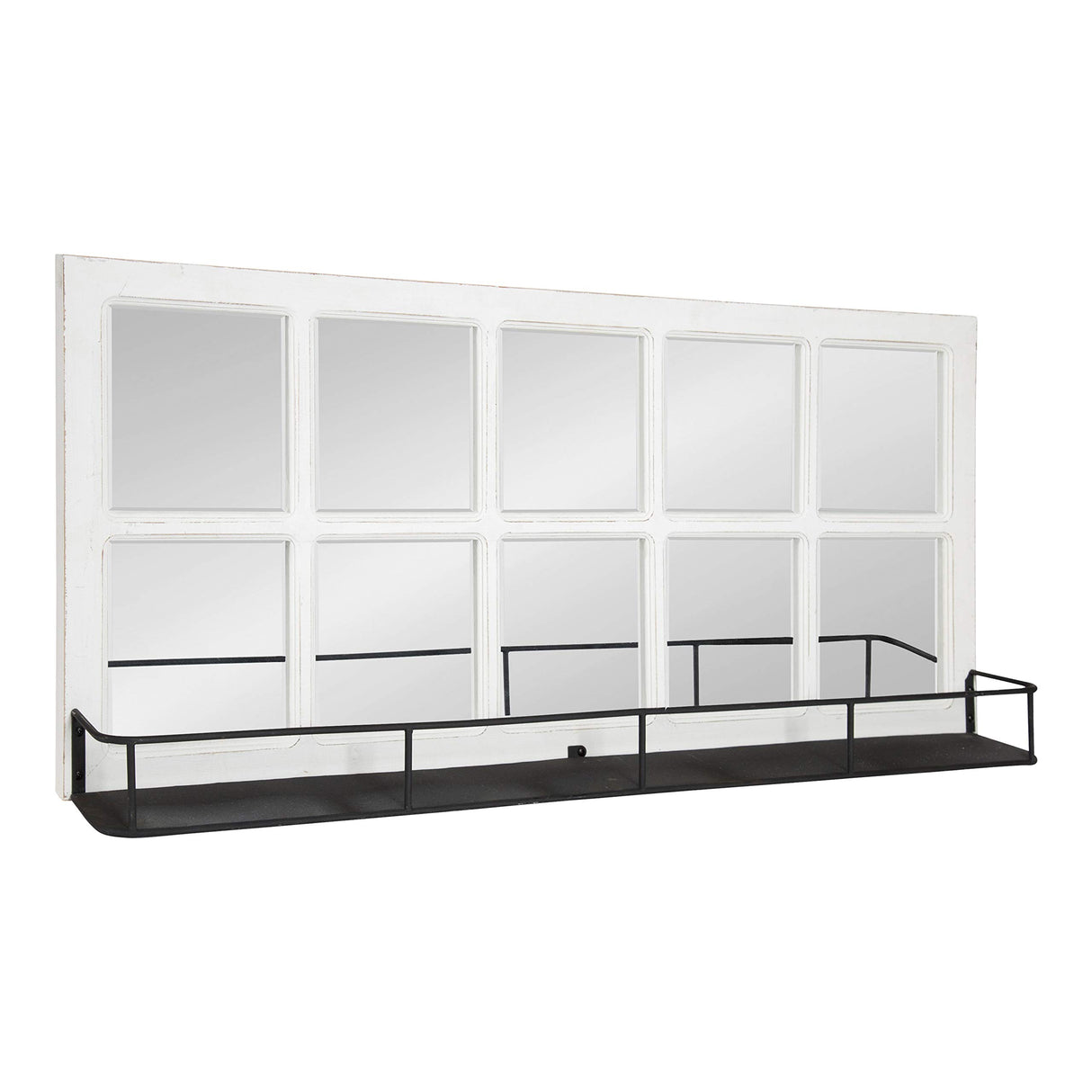 Kate and Laurel Jackson Casual Farmhouse Solid Wood 10 Windowpane Mirror with Distressed Black Metal Shelf, 40x18, Coastal White Kate and Laurel