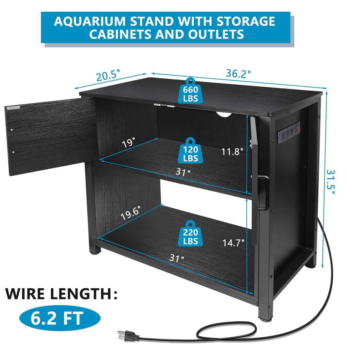 BEURUKU 40 Gallon Tank Stand with Cabinet and Power Outlets, Heavy Duty Metal Aquarium Stand for 40-50 Gallon Breeder Tank, Turtle Tank, Double Terrarium Stand, 660LBS Capacity, Black BEURUKU
