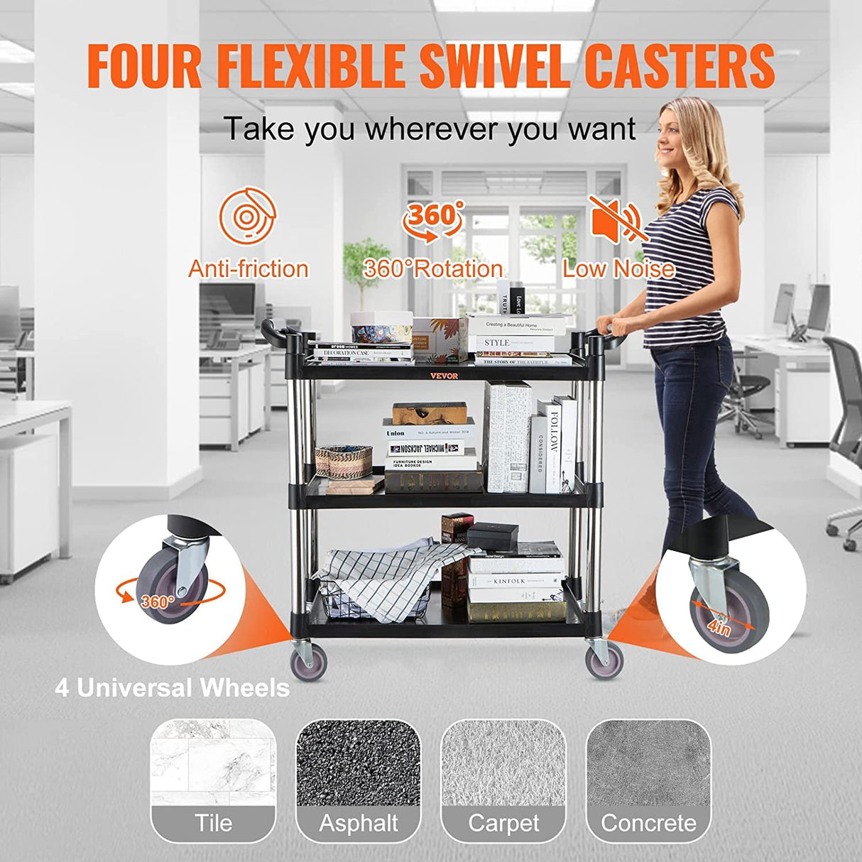 VEVOR 3 Shelf Heavy Duty Utility Cart, 154LBS Capacity, 37.4" x 15.7" x 32.7", Black VEVOR