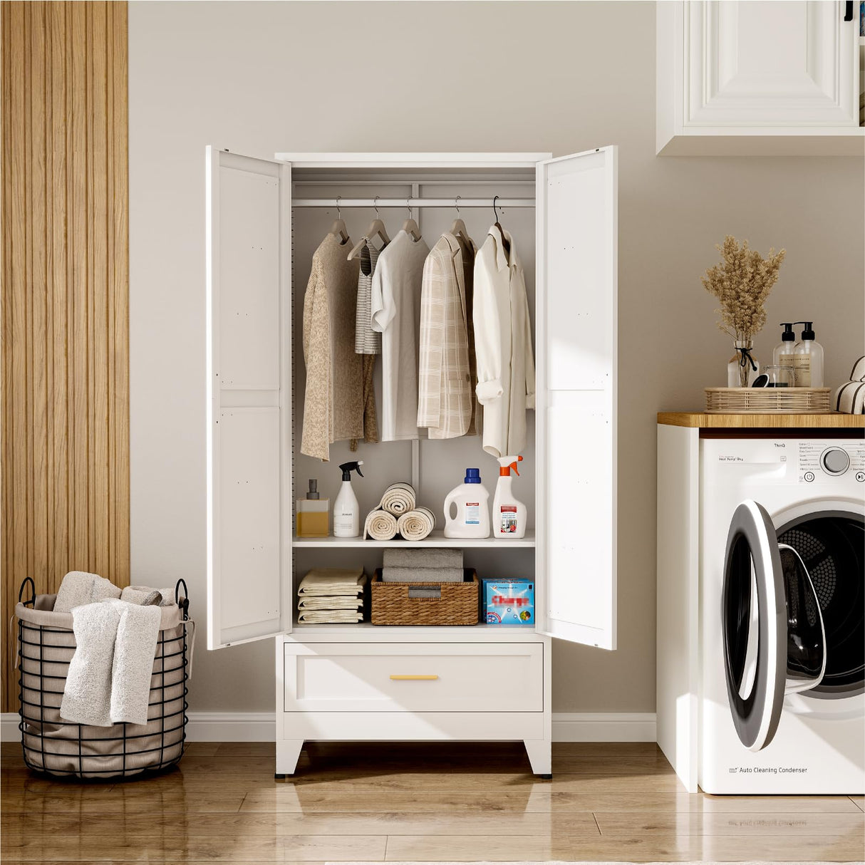 XIOMIOHTRQ Metal Wardrobe Cabinet, 71" Tall Armoire Wardrobe Closet with Drawer, Farmhouse Clothing Storage Cabinet for Bedroom, Laundry (White, 1 Drawer) XIOMIOHTRQ