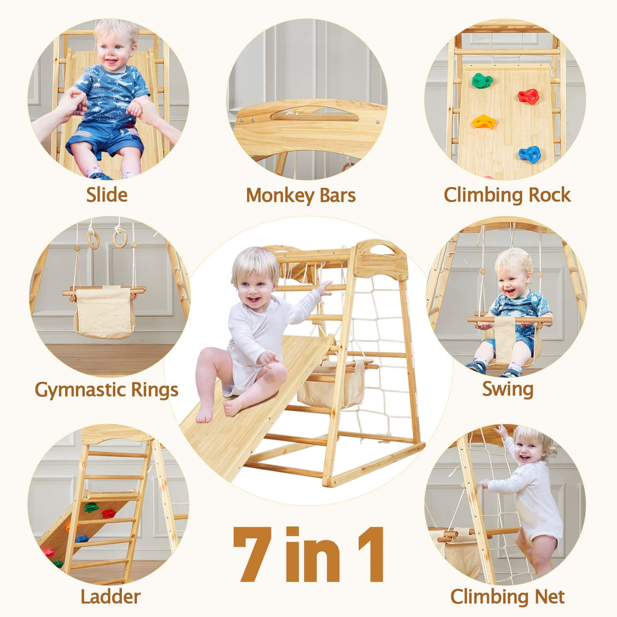 FUNLIO 7-in-1 Wood Indoor Playground for Toddlers 2-5, Montessori Climbing Toys with Solid Pine Wood, Indoor Jungle Gym for Kids with Swing/Slide/Climbing Rock/Net/Ladder/Monkey Bars/Gymnastic Rings FUNLIO