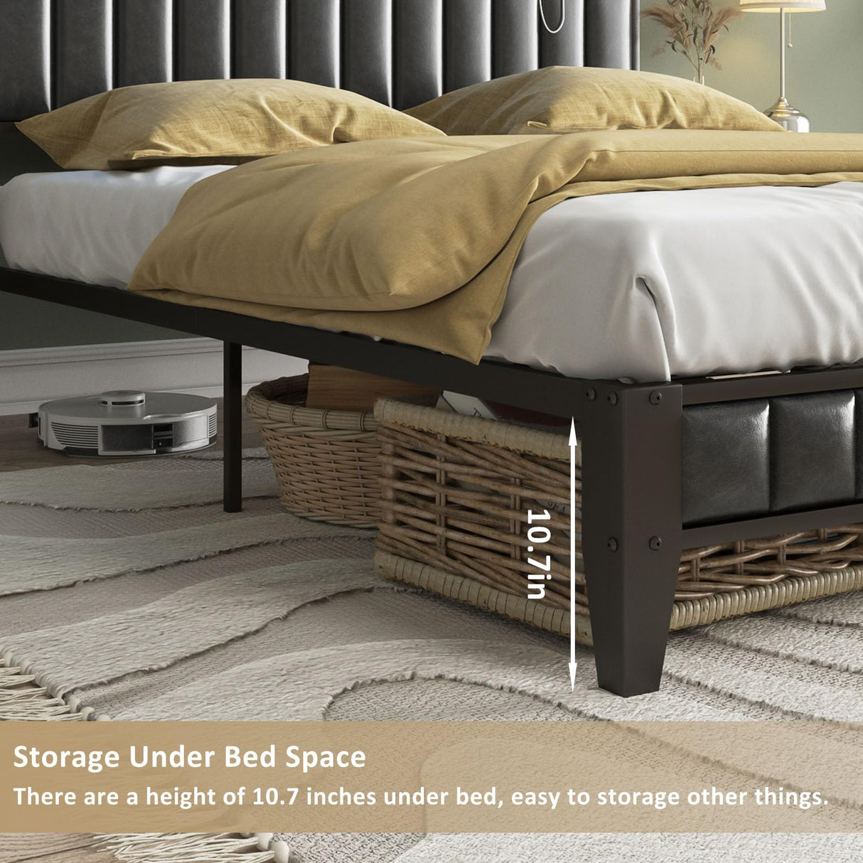 Halitaa LED Queen Bed Frame with Charging Station and Upholstered Bookcase Headboard in Wash Grey Halitaa