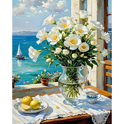 Paint by Numbers Kit for Adults - White Flower in Glass Vase Adult Paint by Number Kits on Canvas for Beginner, Sea DIY Acrylic Oil Number Painting for Adults, Perfect for Home Decor Gift 16x20 Inch
