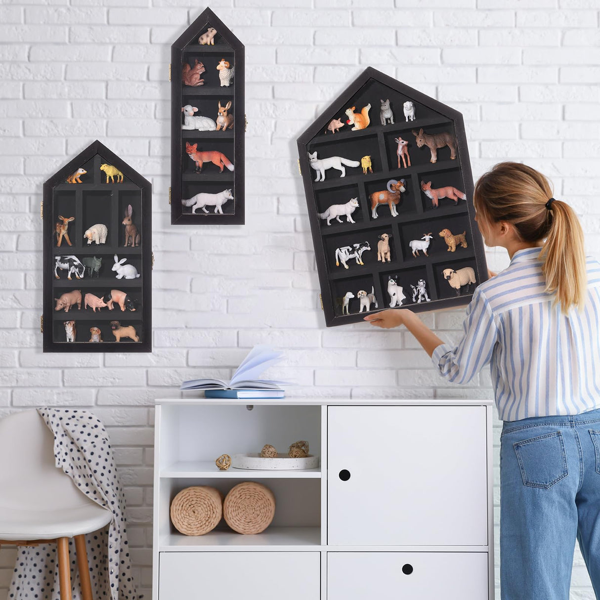 DoubleFill Set of 3 Shadow Cubby Boxes Wooden House Shaped Display Shelf 10 x 15 Inch Large Wall Mounted Display Storage Shelves for Mini Figures Curio Trinket Medals Crafts Collections(Black) DoubleFill