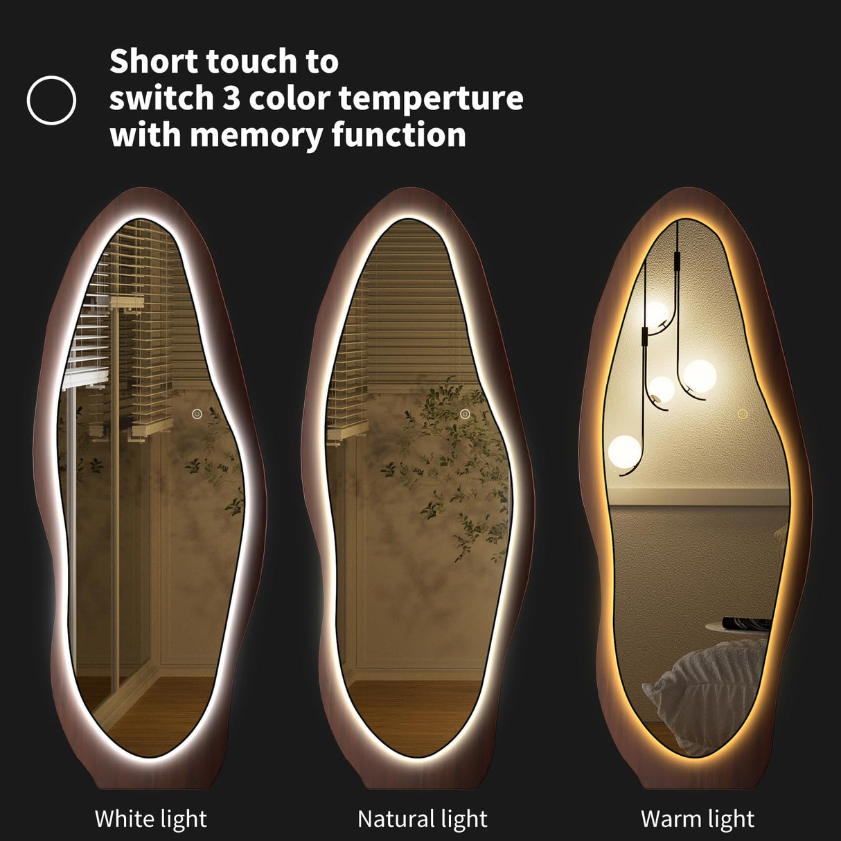 osemy 67"x 26" Wood LED Full Length Mirror with Lights Irregualr Wavy Full Body Mirror Shatter-Proof Hanging/Leaning Wall Mounted Walnut Wooden Framed Mirror for Dressing Bedroom Living Room osemy