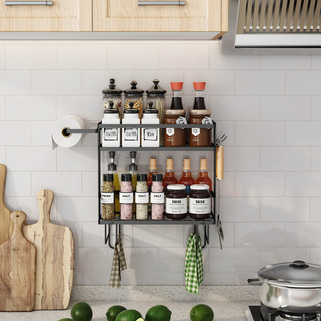 Godboat Bathroom Organizers and Storage, 2-Tier Over Toilet Storage, Bathroom Storage with 2 Hooks & Toilet Paper Holder, Wall Mounted Floating Shelves Furniture, Gifts for Women, Mothers Day (Black) Godboat