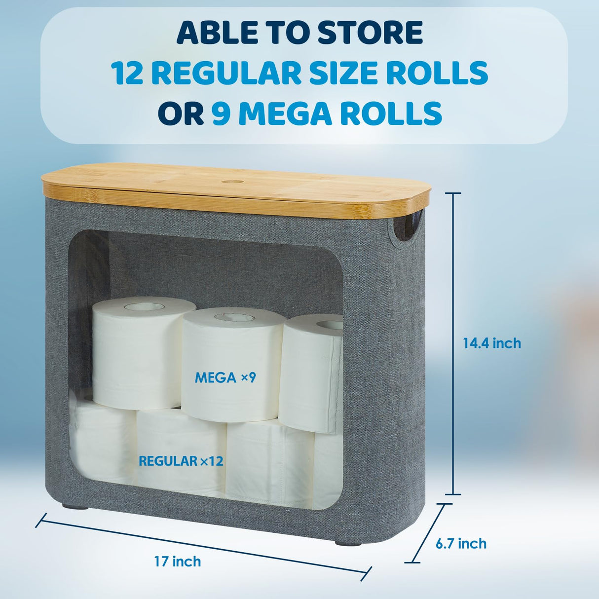 ROSOS Toilet Paper Basket, Toilet Paper Storage with Lid for 12 Rolls, Bathroom Storage Organizer with Bamboo Lid, Grey ROSOS