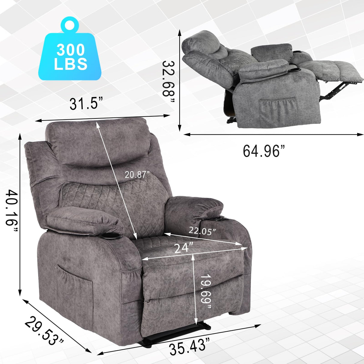 Comermax Fabric Massage Recliner Chairs with Heat Massaging Manual Reclining Chair Overstuffed Heated Recliners with Cup Holders for Adults Grey Comermax
