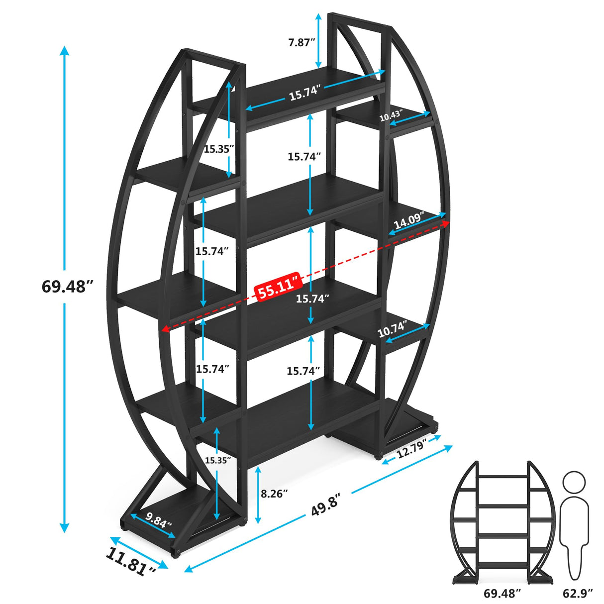 LITTLE TREE Half-Moon Shaped Bookshelf, Oval Triple Wide 5 Tiers Etagere Bookcases, Industrial Display Shelves for Living Room LITTLE TREE