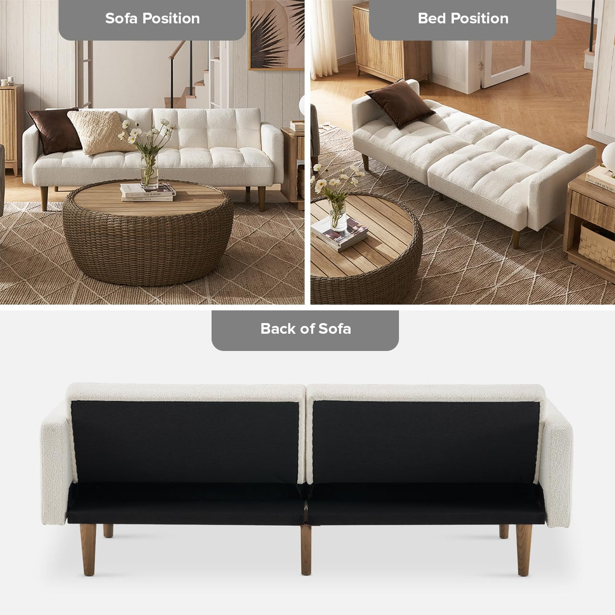 mopio Aaron Couch, Small Sofa, Futon, Sofa Bed, Sleeper Sofa, Loveseat, Mid Century Modern Futon Couch, Sofa Cama, Couches for Living Room, Bedroom (Pearl White, Boucle) mopio