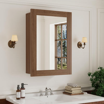 24 x 30 Inch Walnut Grain Medicine Cabinet with Mirror, Recessed or Wall-Mounted Wood Storage Cabinet for Bathroom, Adjustable Shelves, Soft-Close Hinges, Rectangle