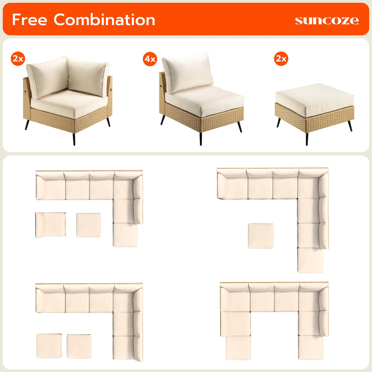 SUNCOZE 8 Pieces Outdoor Patio Furniture Sets, Outdoor Sectional Furniture PE Rattan Wicker Sofa Set, All Weather Patio Conversation Set with Cushion and Ottoman for Deck, Lawn and Pool SUNCOZE