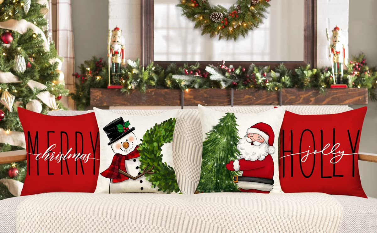 Red Christmas Pillow Covers 18x18 Set of 4 Farmhouse Christmas Decorations Snowman Wreath Santa Claus Tree Merry Christmas Holly Jolly Winter Holiday Decor Throw Cushion Case for Home Couch S22C17 4TH Emotion