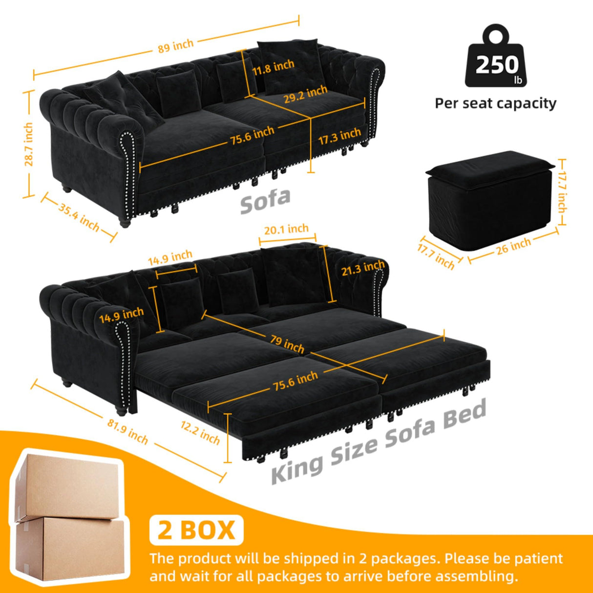 89" Velvet Convertible Sofa Bed Couch - Queen Sleeper Sofa with Ottoman, Button Tufted Chesterfield Sofa, King Size Pull Out Sleeper Couch Bed for Small Spaces Apartments, Living Room, Black Justdwells