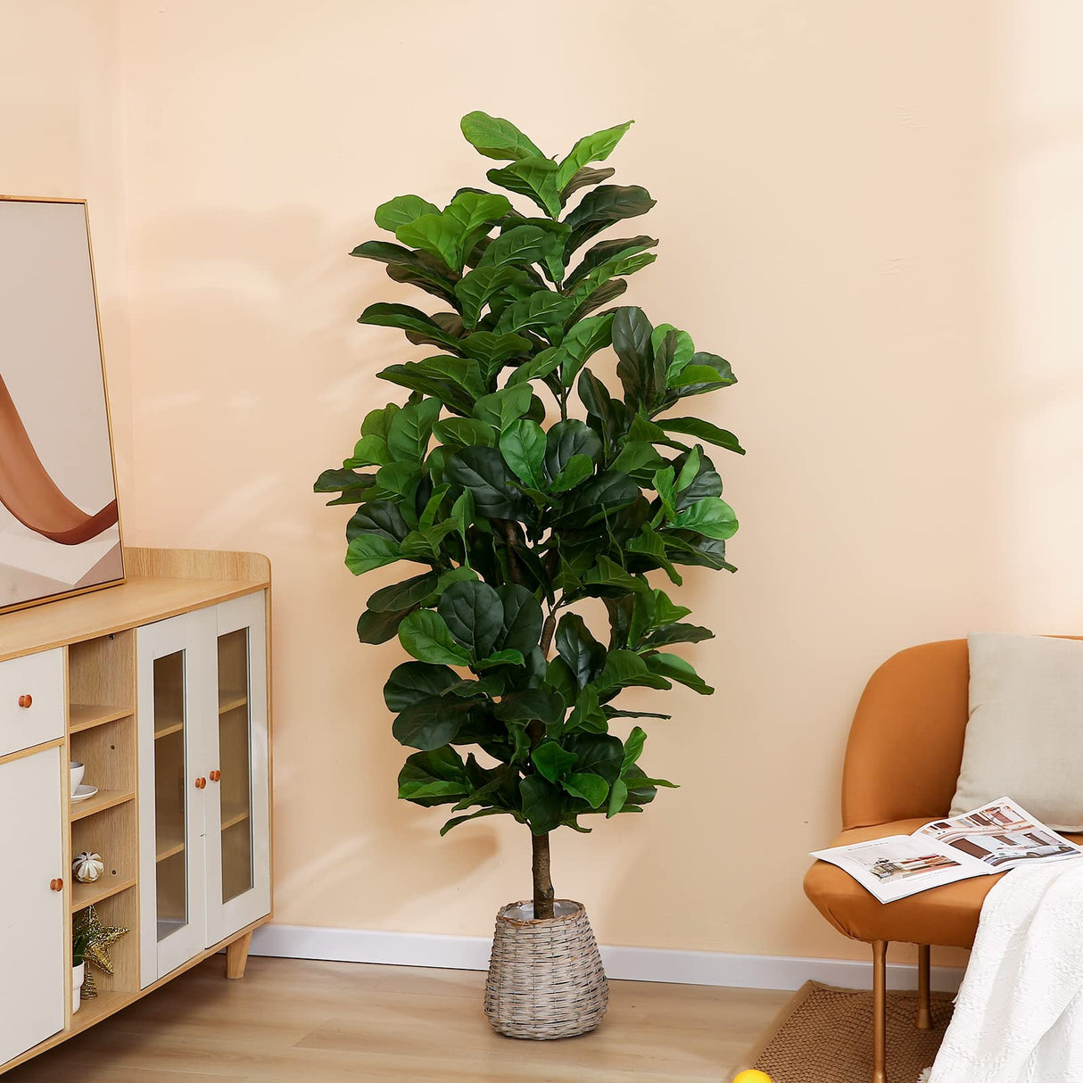FLOWORLD Fiddle Leaf Fig Tree 6ft Tall Artificial Tree in Plastic Pot Fake Ficus Lyrata Plants with 184 Decorative Fiddle Leaves Faux Fig Trees for Home Office Living Room Decor Indoor Outdoor FLOWORLD