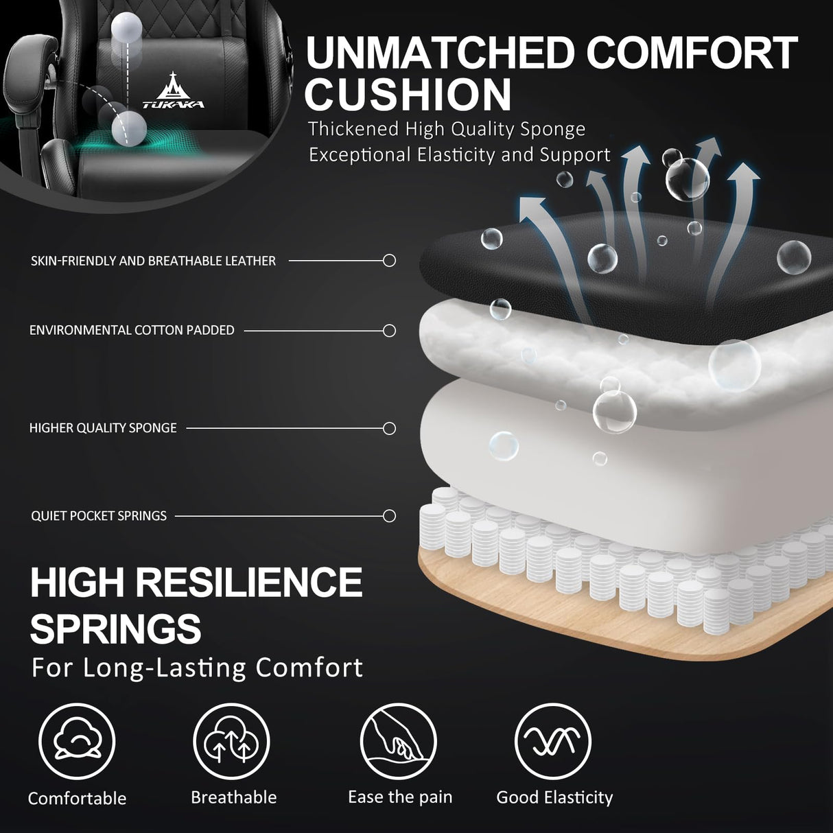 TUKAKA Gaming Chair,Ergonomic Massage Computer Office Desk Chair with Footrest,Pocket Spring Cushion,Reclining Leather Adjustable Gamer Chair with Headrest and Lumbar Support,Black TUKAKA