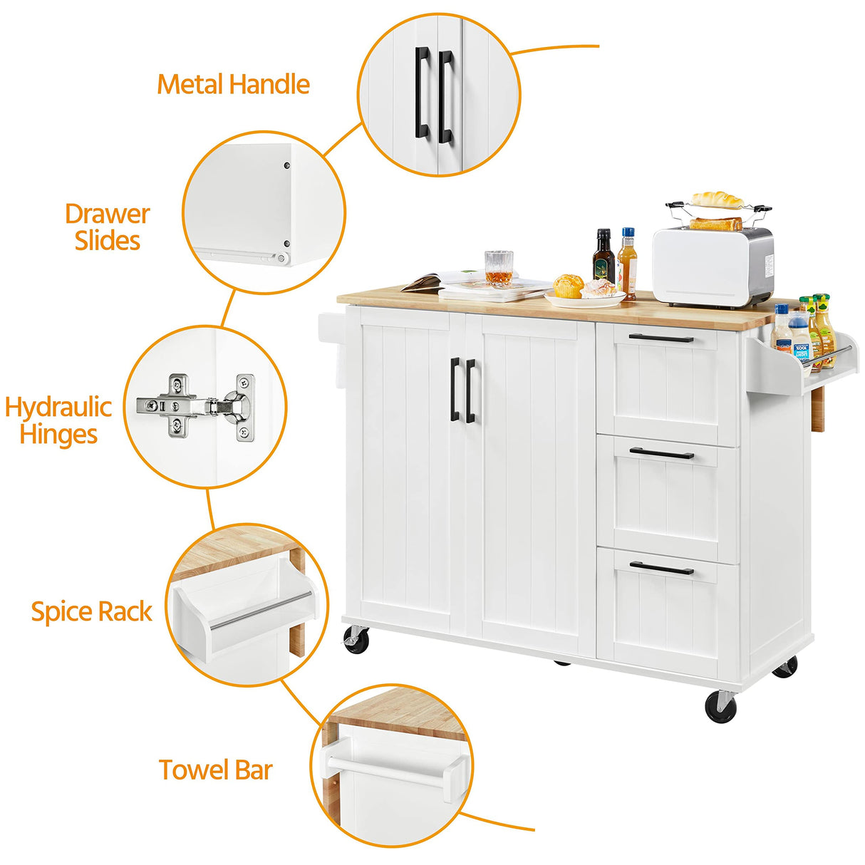 Yaheetech Kitchen Island with Drop-Leaf Breakfast Bar, 53" Width Kitchen Cart on 5 Universal Wheels with Rubberwood Top, Storage Cabinet, 3 Drawers, and Spice Rack for Dining Room, White Yaheetech