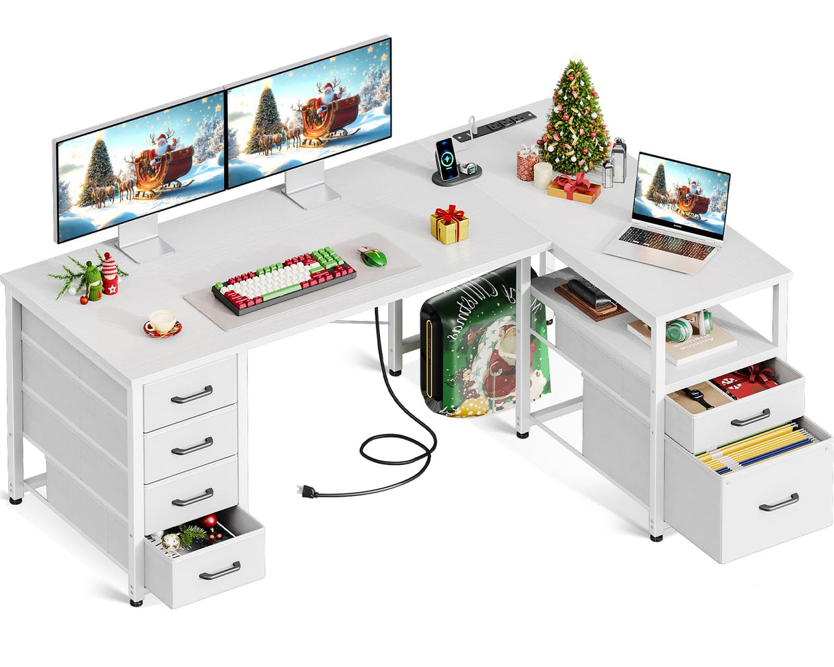 Coleshome L Shaped Computer Desk with 6 Drawers & Power Outlet, 55 Inch Corner Desk with Reversible Storage Shelf & File Drawer, Home Office Desk, White Coleshome