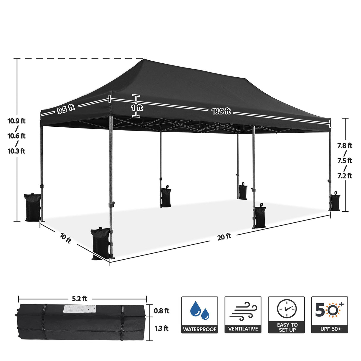 Yaheetech Heavy Duty Pop Up Canopy Tent, 10x20 Commercial Instant Shelter Tent for Wedding, Parties, Adjustable Outdoor Canopy with Wheeled Carry Bag, 6 Sandbags & 10 Stakes, Black Yaheetech