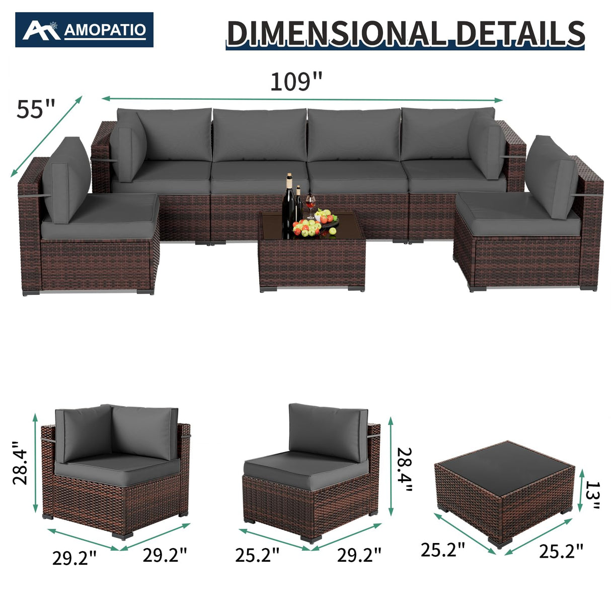 Amopatio Patio Furniture Sets, 7 Pieces Outdoor Rattan Sectional Sofa Set with Glass Table and Cushions, Wicker Patio Conversation Set for Outdoor Indoor Backyard Lawn Garden Porch (Grey) Amopatio