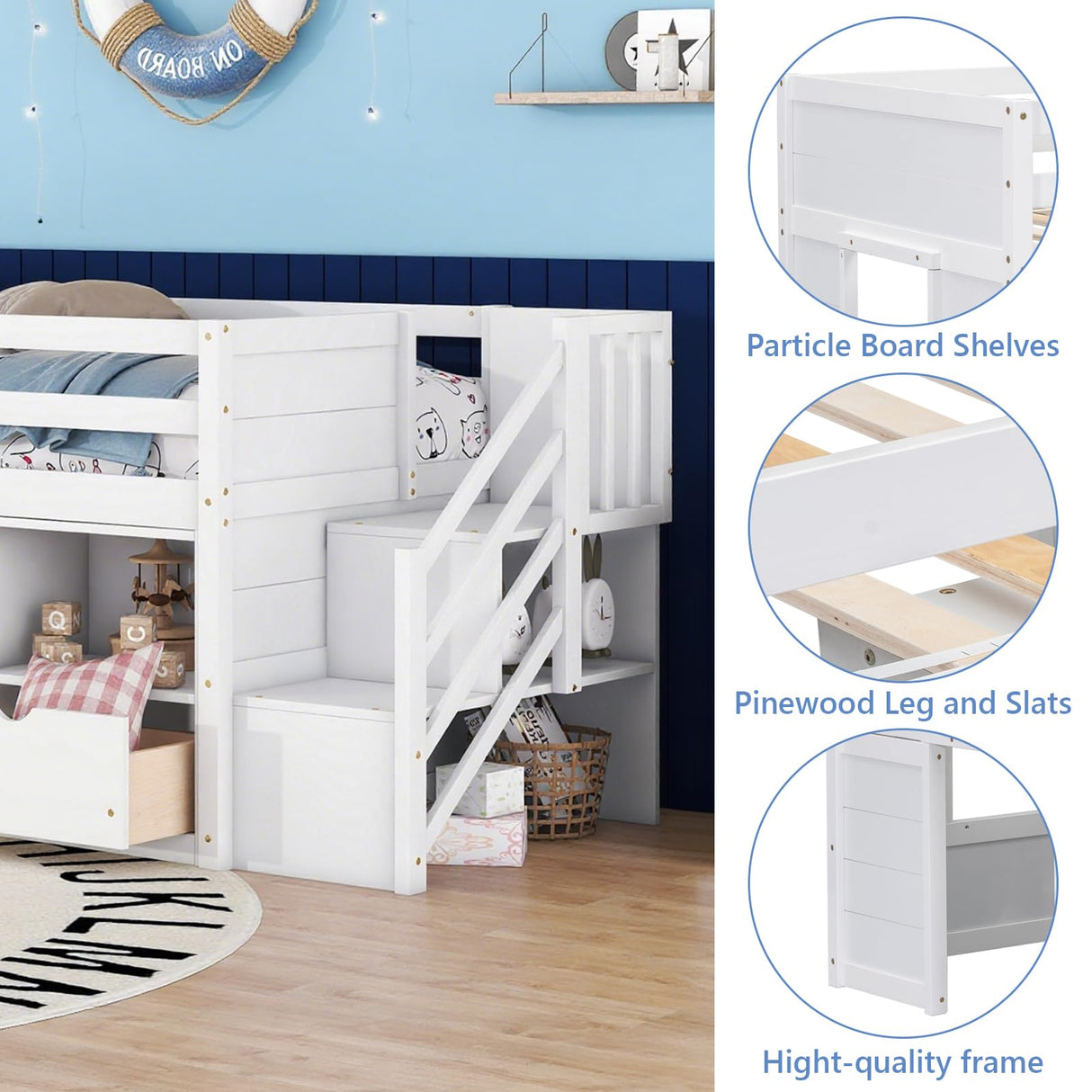 Twin Low Loft Bed for Kids, Twin Size Solid Frame with Drawer and Stairs, Modern Space-Saving Bed, Loft Bed with Storage, Strong Wood Slats Support, Under-Bed Playroom, No Box Spring Needed (White) Lyngins