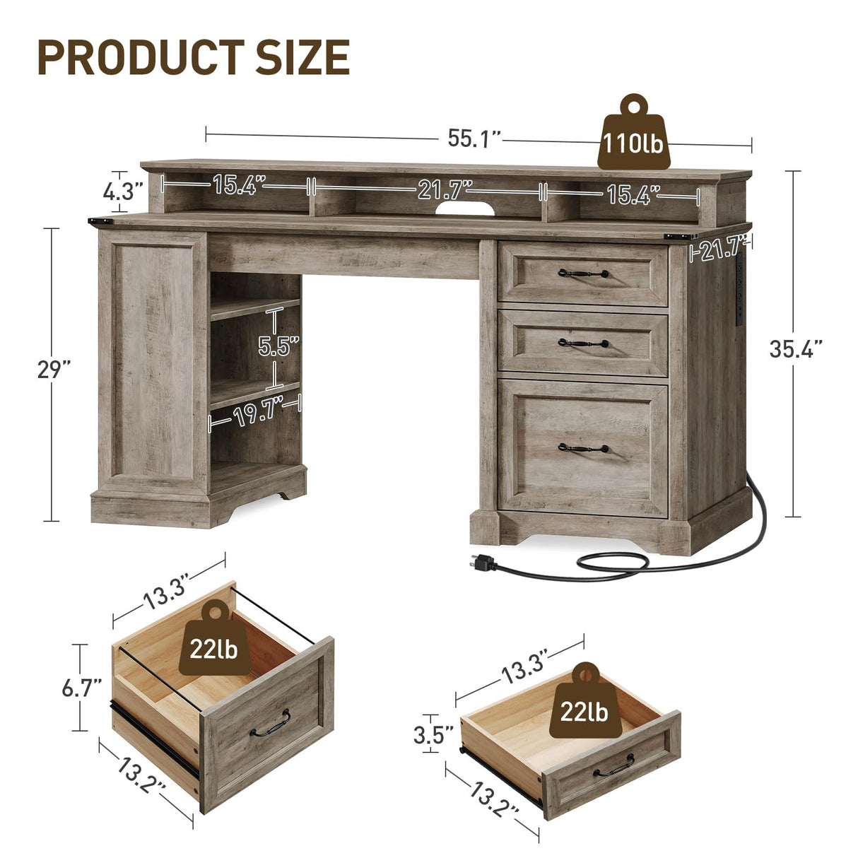 RALGEND 55'' Farmhouse Executive Desk with Drawers, Home Office Desk with File Cabinet and Storage Shelf, Charging Station, Computer Desk with Monitor Stand, Writing Gaming Desk, Greige RALGEND