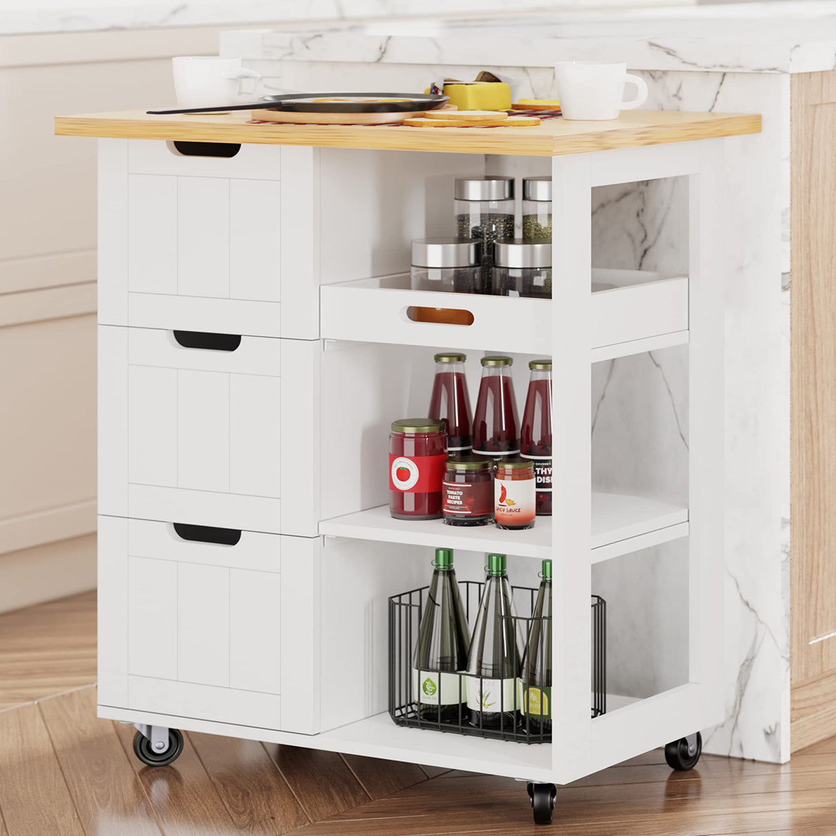Shintenchi Kitchen Island Cart with Storage,Rolling Kitchen Island Storage Cabinet,Side Table on Wheels with Worktop,3 Open Shelves and 3 Drawers for Kitchen,Dinning Room, White Shintenchi