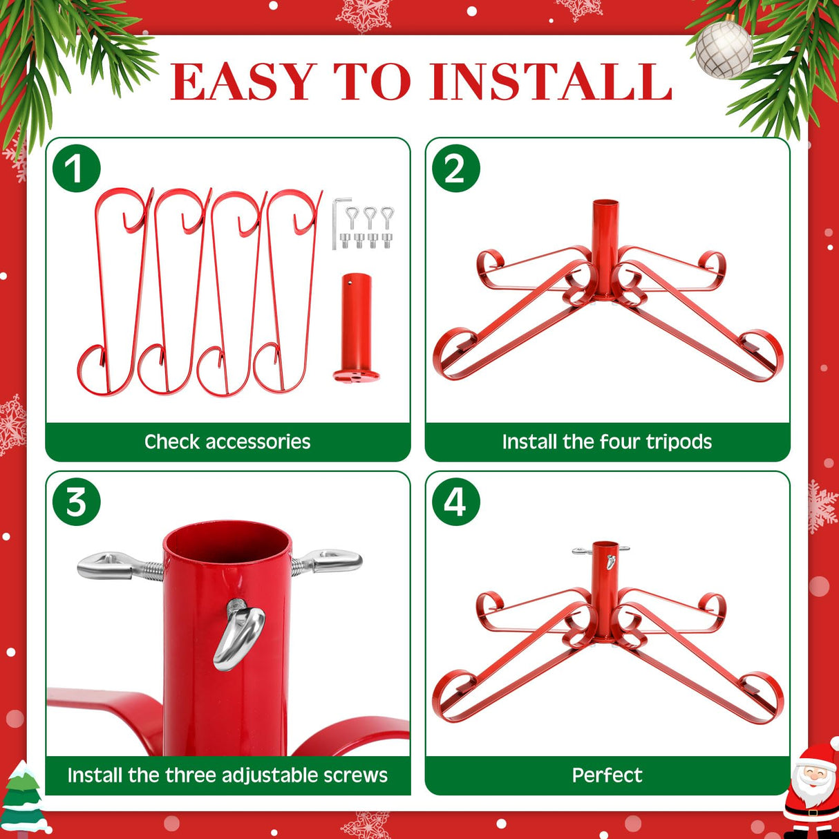 Foilswirl Christmas Tree Stand for Artificial Fake Tree Holder 4 to 8 FT Iron Metal Adjuatable Xmas Tree Base with Thumb Screw Indoor Outdoor Holiday Party Decor Fits Up to 1.4" Tree Trunk (Red) Foilswirl