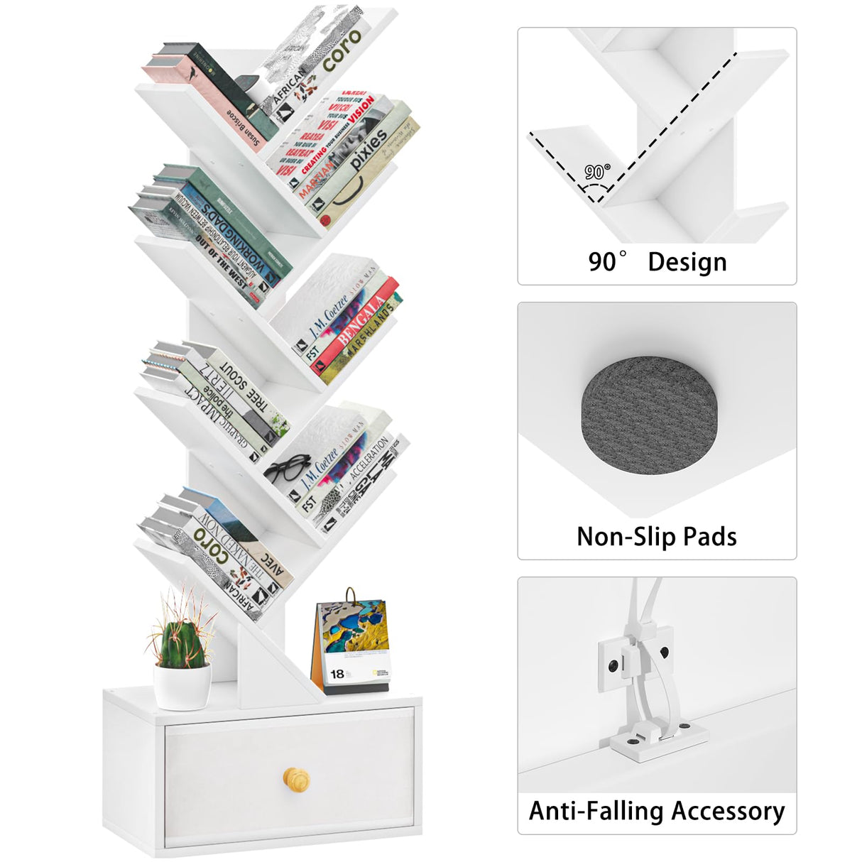 SHEEPAM 8 Tier Tree Bookshelf with Drawer, Free Standing Wood Bookcase for Living Room, Bedroom, Home Office, Space Saving Storage Organizer Bookshelves for Books, CDs, Vinyl Records- White SHEEPAM