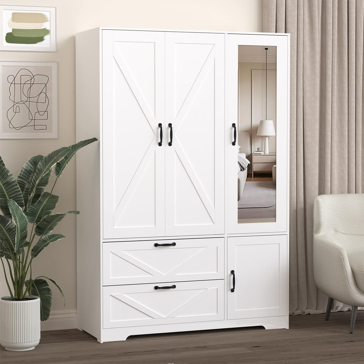 UZUGUL Armoire Wardrobe Closet with Mirror and 2 Drawers, 72''H Bedroom Armoire Wardrobe Cabinet with Hanging Rod and Light,Wooden Bedroom Closet with 3 Door UZUGUL