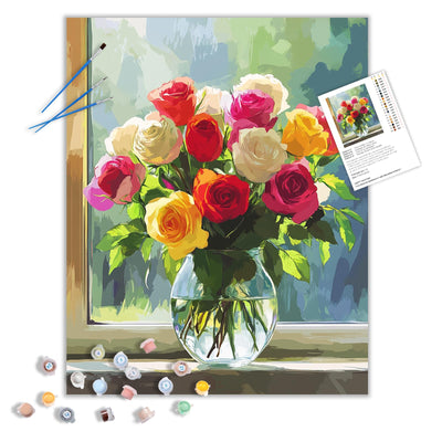 Colorful Roses Paint by Number Kits for Adults, Rose Vase Paint by Numbers for Beginners, Flowers on The Windowsill Acrylic Painting for Home Decor(16×20inches, No Frame)